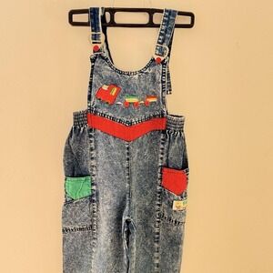 VTG 90s Acid Wash Denim Overalls Train Embroidery Toddler 35"